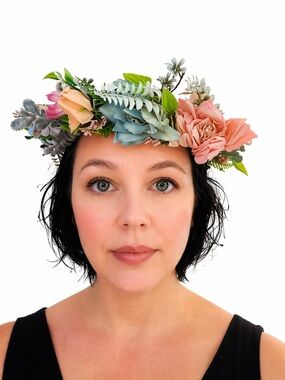 Midsummer Faerie Floral Spring Garland Headpiece Cosplay Crown, Peach/Pink/Sage